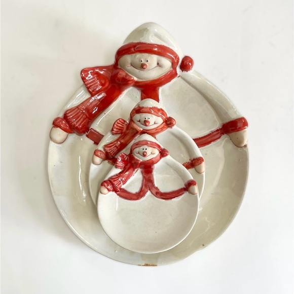 Vintage Seasonal Elements Set of 3 Christmas Snowman Porcelain Candle Plates - Picture 3 of 6